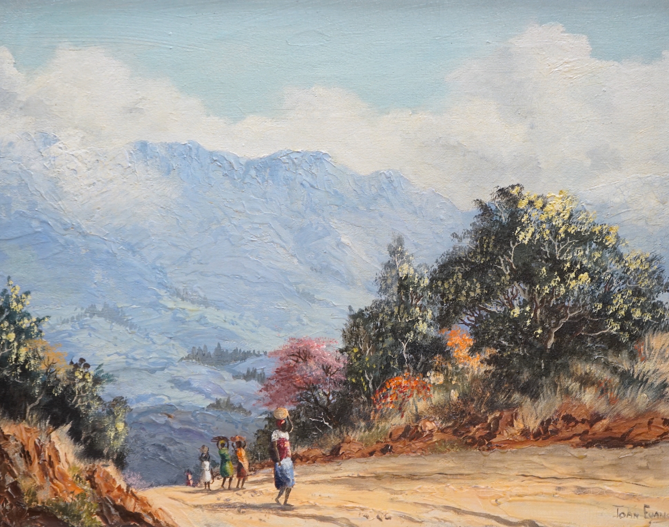 Joan Evans (South African, 1905-1986) oil on canvas board, Figures on a pathway, signed, 47 x 59cm